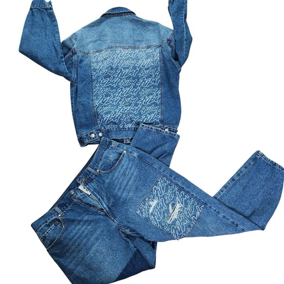 FUBU Print Hip Hop Patch JacketJeans Blue Denim Forever 21 Vintage Mens 36